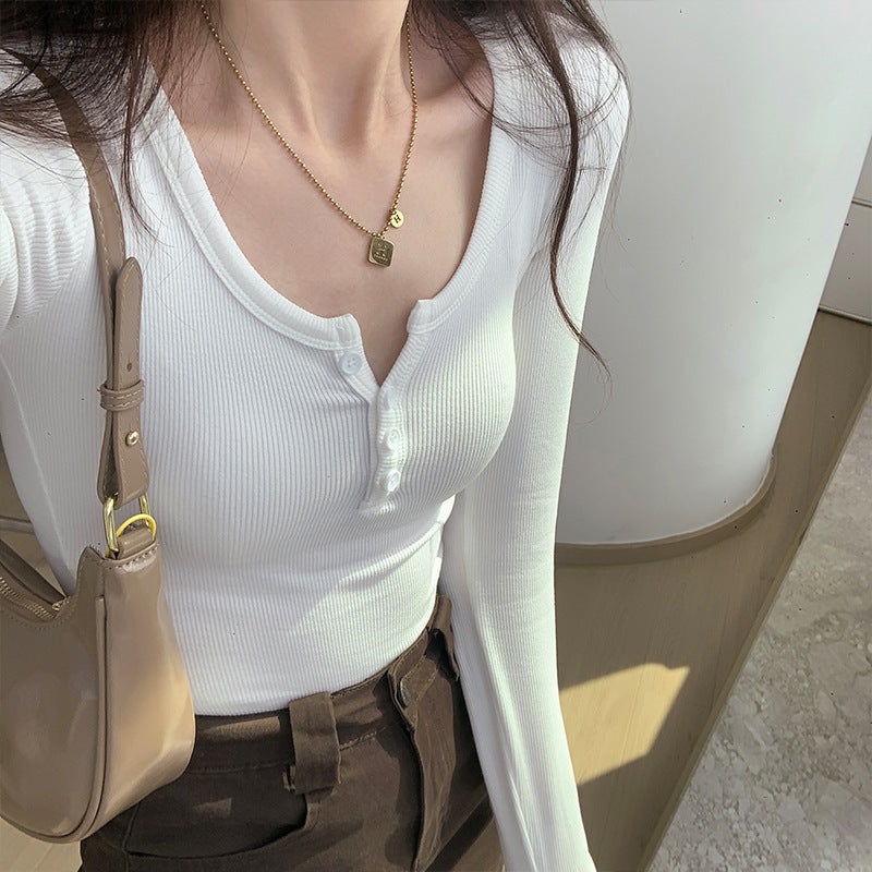 Women's High Elasticity Ribbed Button-up T-shirt - Image 1