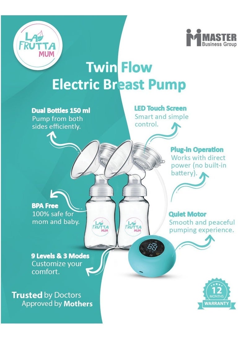La Frutta Mum TwinFlow Electric Breast Pump – Single or Double Use, 2×150ml Capacity, 9 Levels & 3 Modes, Smart LED Screen. - Image 4