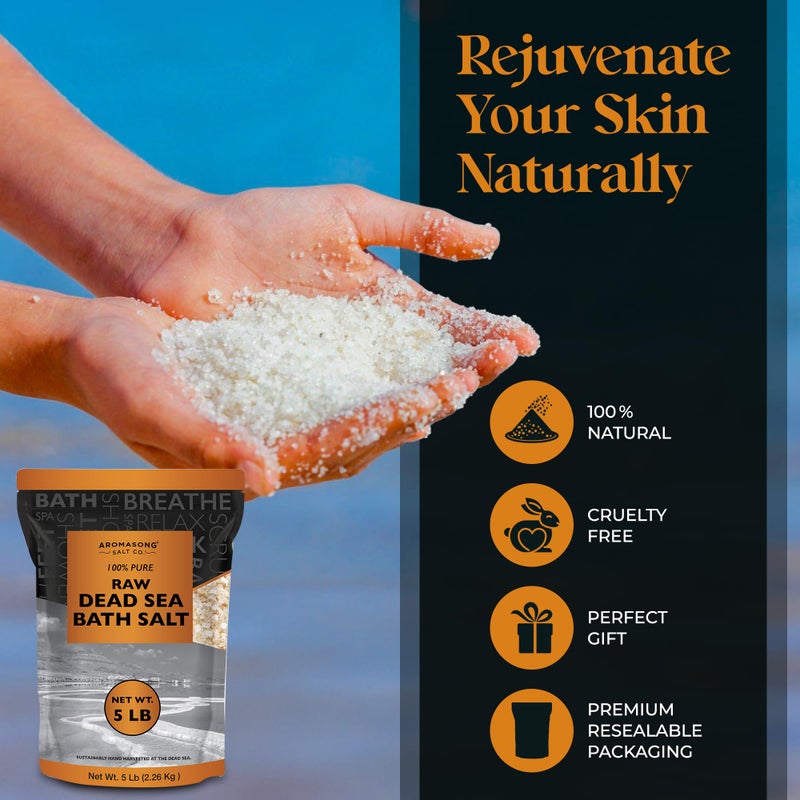 Aromasong Raw Dead Sea Bath Salt - Minimally Cleaned, Contains More Dead Sea Minerals Including Dead Sea Mud - 100% Pure & Natural Dead Sea Salts for Soaking 5 LB - Bulk Resealable Pack - Image 5