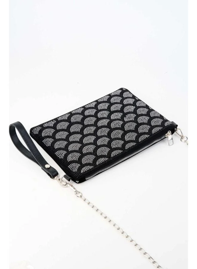 Vivaq Women's Fan-Shaped Silver-Stone Suede Wriststrap and Chain-Strap Portfolio Handbag and Clutch