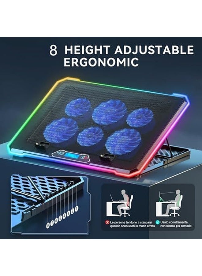 SKY-TOUCH Gaming Laptop Cooling Pad with 6 Quiet Fans | RGB LED, LCD Display, 8 Adjustable Angles, Dual USB Ports | Laptop Cooler Stand for 15.6 to 18 Inch Laptops - Image 3