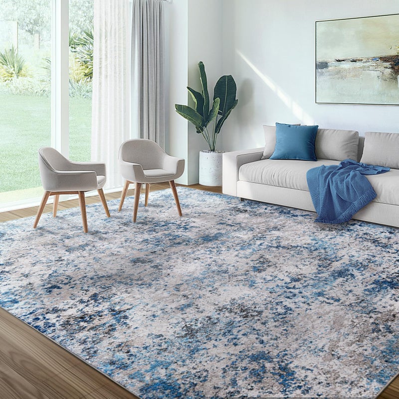 AUKOW Washable Area Rug for Living Room: 8x10 Modern Abstract Neutral Soft Rug for Bedroom Dining Room No Slip Low Pile Carpet for Nursery Home Office - Grey/Blue - Image 1