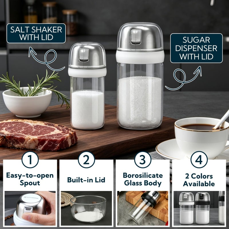 موزع سكر زجاجي أبيض سعة 9 أونصات من Kitchendao مع فتحة سكب جانبية مدمجة في الغطاء وعلامات قياس، زجاج بوروسيليكات خالٍ من مادة BPA - Image 1
