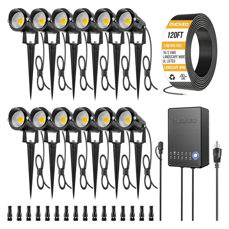 ZUCKEO All-in-One Low Voltage Landscape Lighting Kit, 5W LED Landscape Lights with Transformer, 120FT Wire and Connectors, Waterproof Outdoor Spotlight for Yard Garden House, 3000K 12V-24V, 12Pack - Image 1