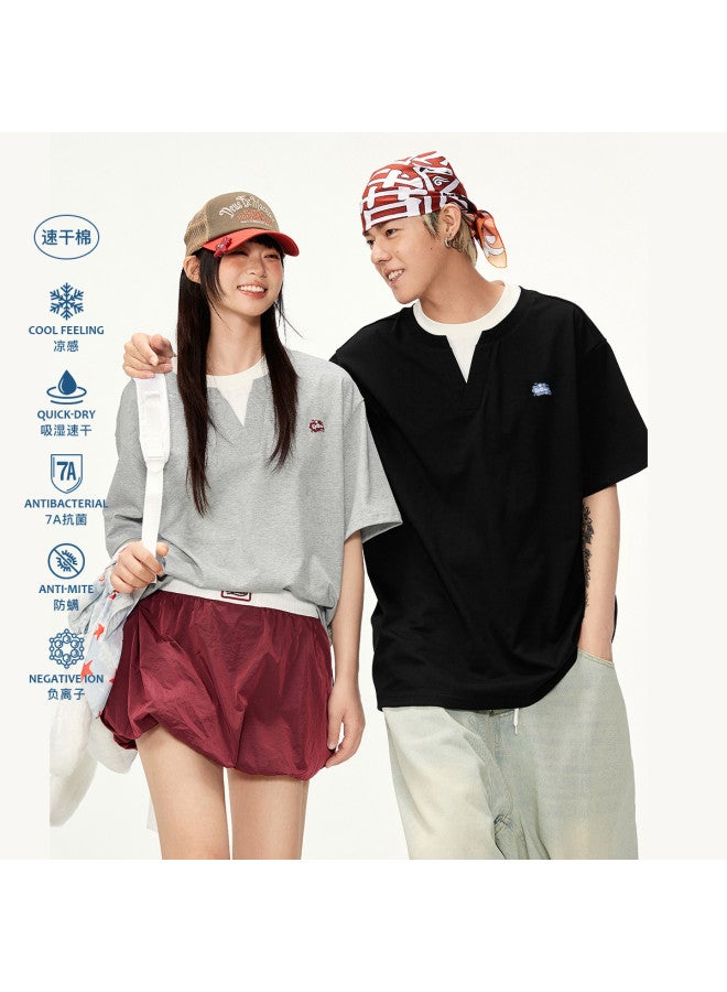 EPTISON Cooling T-shirt Women 2025 Summer Campus Style Fake Two-piece Embroidered Quick-dry Ladies T-shirt Short Sleeve Summer Top - Image 2