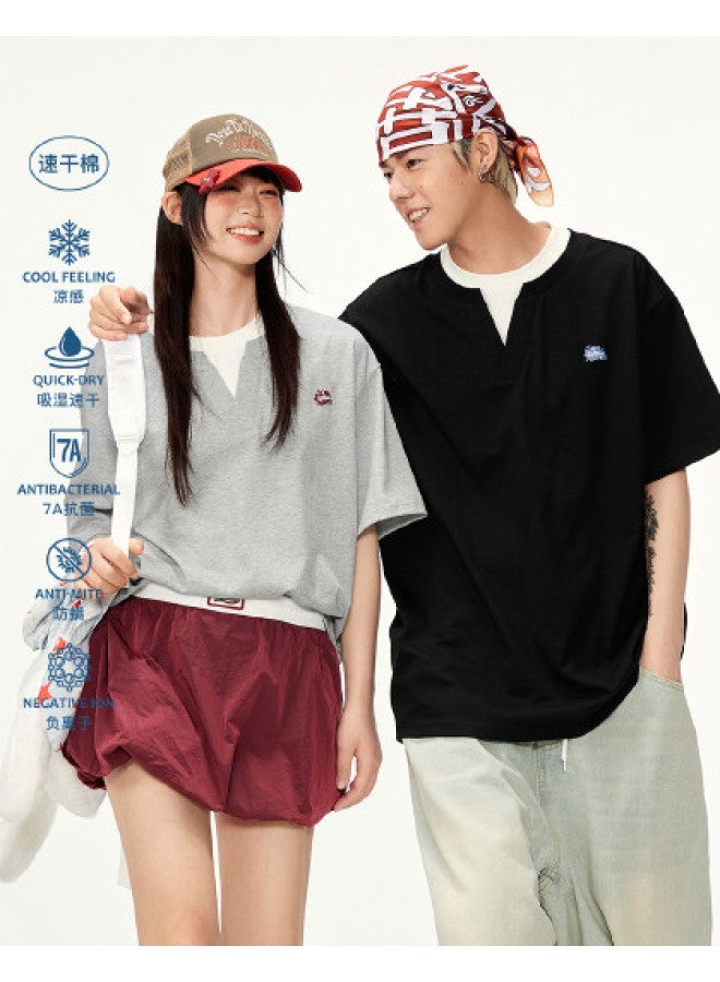 EPTISON Cooling T-shirt Women 2025 Summer Campus Style Fake Two-piece Embroidered Quick-dry Ladies T-shirt Short Sleeve Summer Top - Image 1