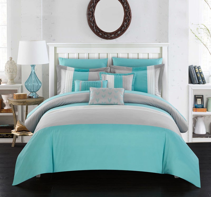 Chic Home Chic Home Turquoise Bed in a Bag Comforter Set King Size 10 Pieces Ayelet  Color Block Stripe Premium Microfiber Bedding  Comforter Flat  Fitted Sheet Shams Pillowcases  Decorative Pillows 