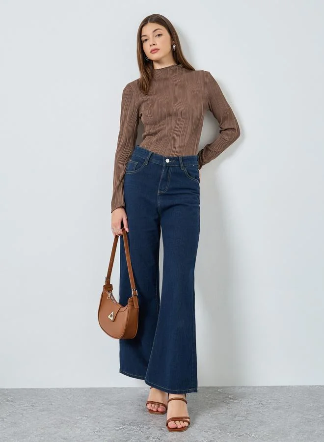 Styli Brown Ribbed Knit Long Sleeve Top