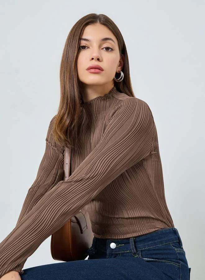 Styli Brown Ribbed Knit Long Sleeve Top