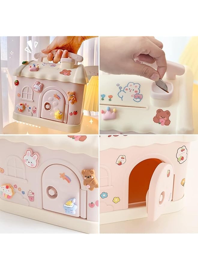 إيروريكس حصالات نقود بلاستيكية كبيرة لطيفة للأطفال على شكل منزل صندوق نقود للبنات والأولاد، حصالة نقود بلاستيكية غير قابلة للكسر، هدايا ممتعة لأعياد الميلاد وحفلات استقبال المولود، وردي - Image 3