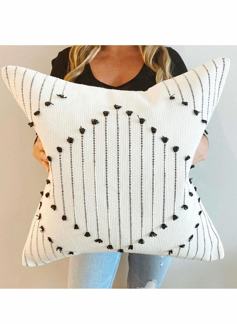 SYOSI Boho Throw Pillow Covers, 2 Pcs Black and Cream White, Set of 2 Modern Farmhouse Accent Home Decor, Neutral Woven Decorative Pillow Covers for Couch/Bed  18 x 18 Inches, - Image 2