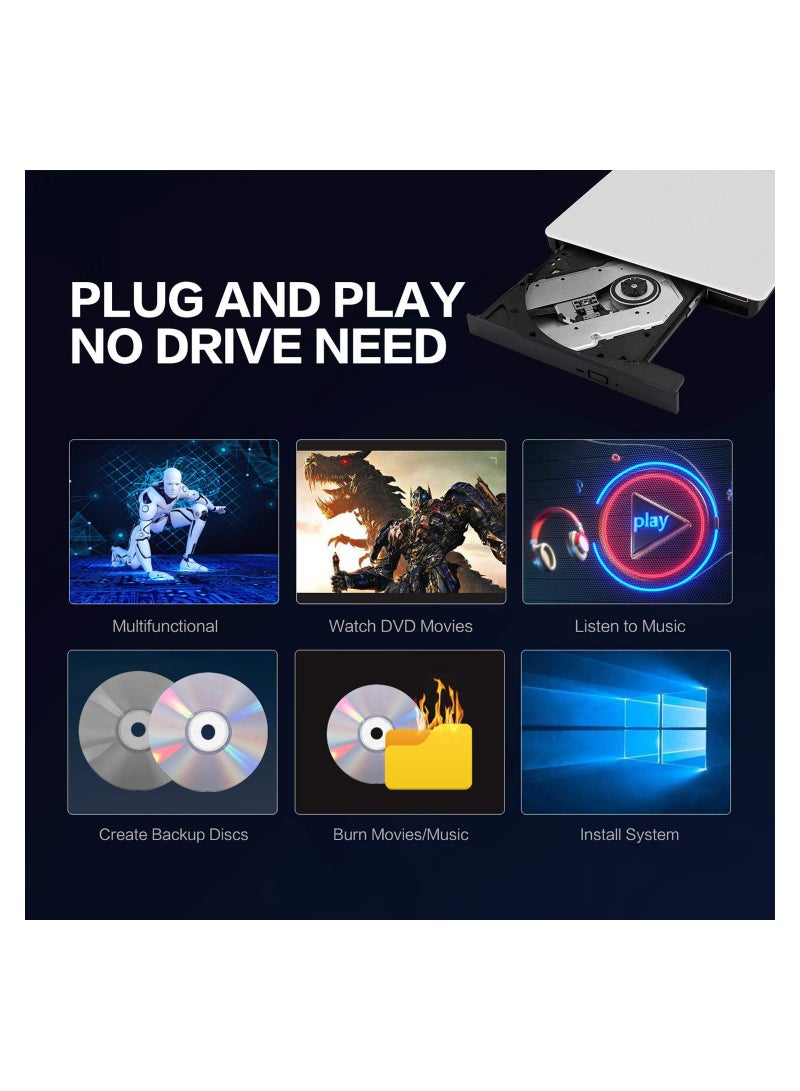 KASTWAVE External CD/DVD Drive for Laptop, USB 3.0 Ultra-Slim Portable Burner Writer Compatible with Mac MacBook Pro/Air iMac Desktop Windows 7/8/10/XP/Vista (White) - Image 3