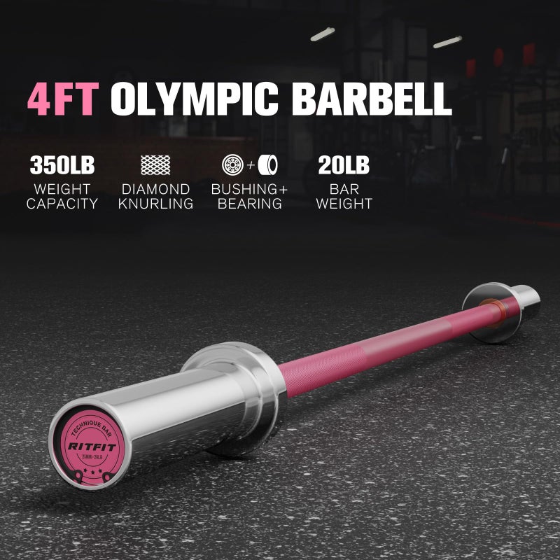 RITFIT Olympic Barbell 4ft/6ft - 2 Inch Weight Bar for Strength Training, Weightlifting, Squat, Deadlift, Bench Press, Curl, Overhead Press - 350lbs/500lbs Capacity 4FT Pink - Image 2