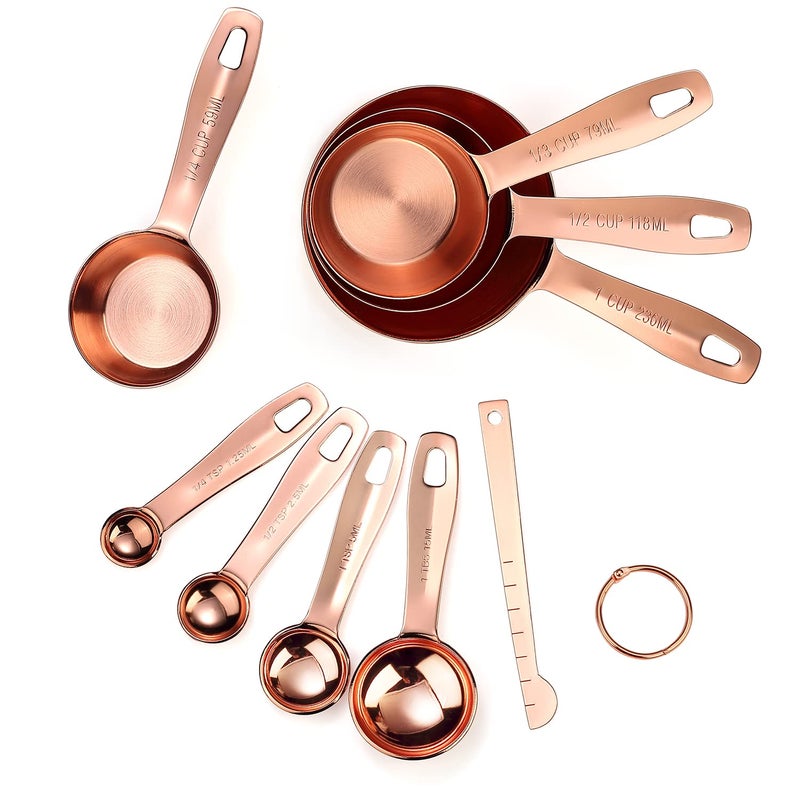 Copper Measuring Cups and Spoons Set Stainless Steel 9 Piece Set Heavy Duty Measuring Cups and Unbreakable Measuring Spoons Rose Gold Copper Plated