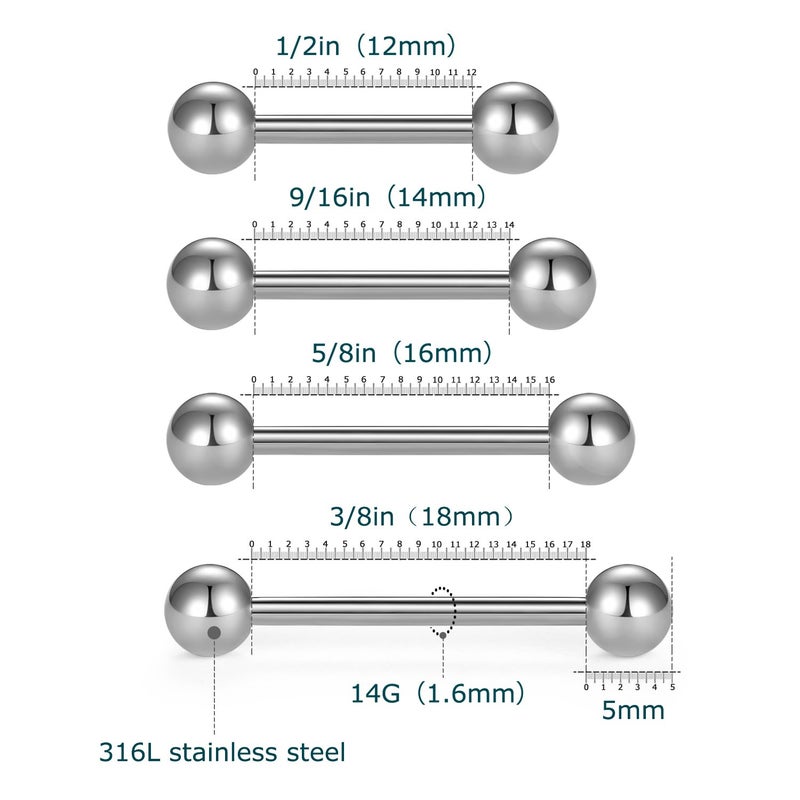 VCMART Nipple Rings Tongue Rings Stainless Steel Straight 14G Barbells Piercing Jewelry 12mm,14mm,16mm,18mm - Image 3