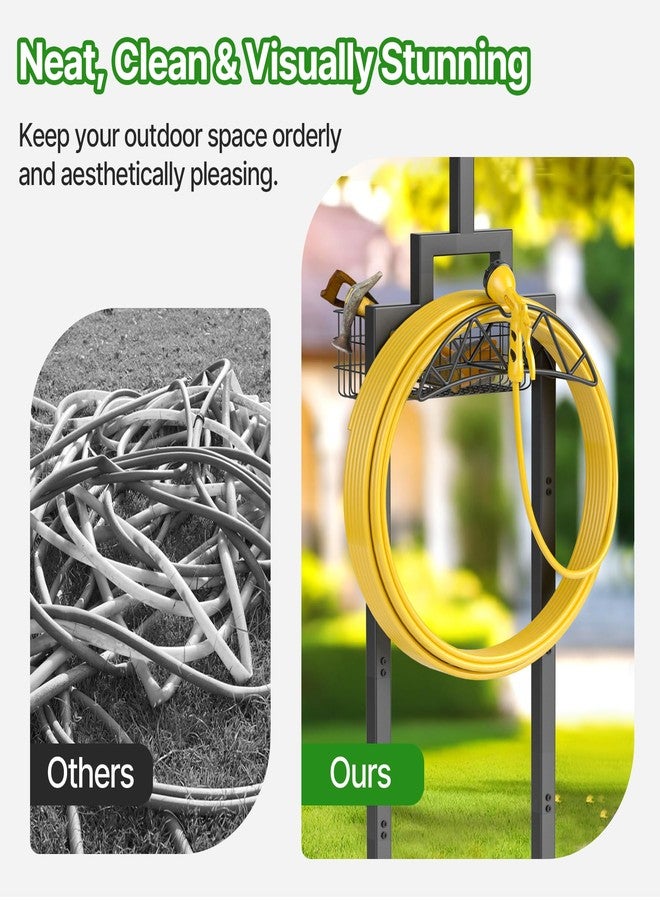 neatevday Garden Hose Holder, Water Hose Holders for Outside with Storage Basket & 2 Shepherds Hooks, Detachable Garden Hose Holder Freestanding, Heavy Duty Hose Holder Supports 150ft Hoses - Image 3