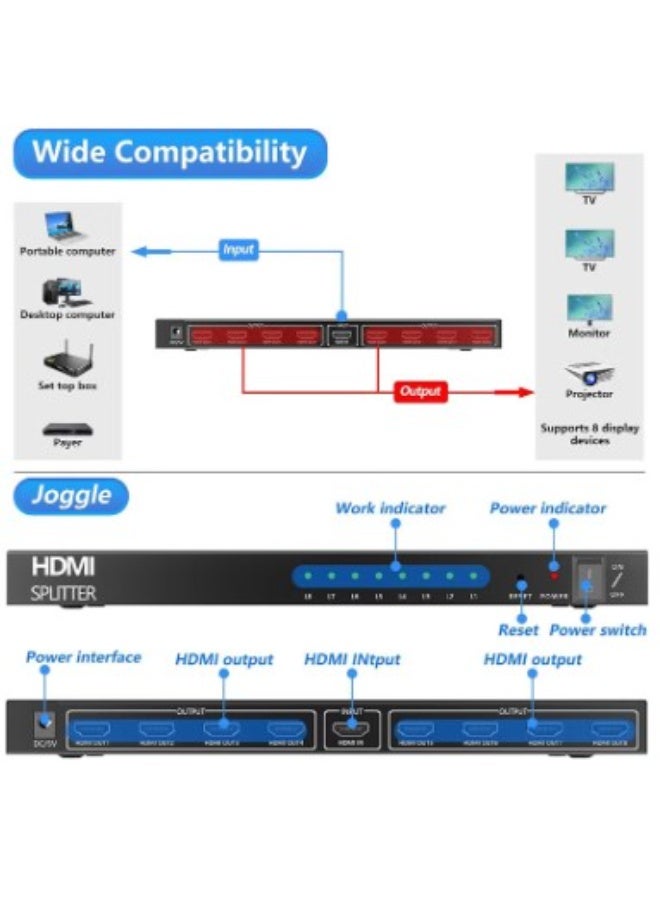 Terabyte 4K 1x8 HDMI Splitter, 4K HDMI Splitter, 1 in 8 Out HDMI Splitter, Multi Monitor Outputs Support 4K Ultra HD & 3D, 8 Port Powered HDMI Splitters, for Commercial Office/PS4/HDTV/Projector (UK Standard) - Image 2