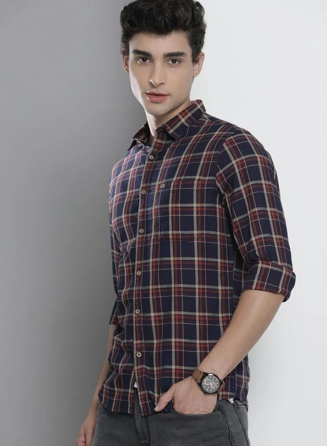 شركة المرآب الهندية Men Slim Fit Checkered Full Sleeves Spread Collar Casual Shirt