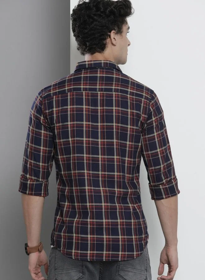 شركة المرآب الهندية Men Slim Fit Checkered Full Sleeves Spread Collar Casual Shirt
