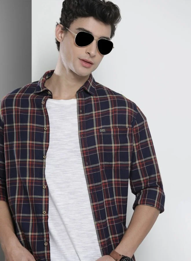 شركة المرآب الهندية Men Slim Fit Checkered Full Sleeves Spread Collar Casual Shirt