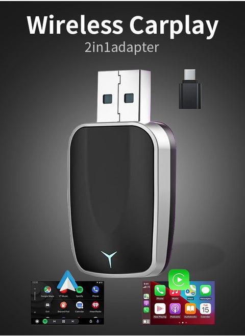 Wired To Wireless Carplay Android 2 In 1 Automatic Adapter Car Gadget Smart Box Plug and Play 5Ghz Wifi Fast Connection, USB-C/Type-C, Stable Control & No Delay