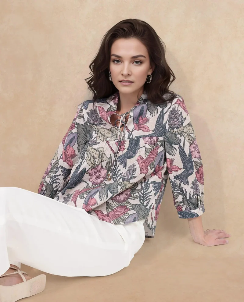 Rareism Women's Tropical Floral Printed Top