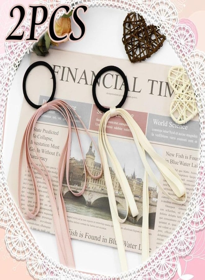 CHIROGRAPHY 2 Pcs Luxury Silky Satin Tassel Ribbon Bowknot Ponytail Holders - 2PCS Long Tail Hair Bands for Women, Girls, Teens (Beige+Pink) - Image 4