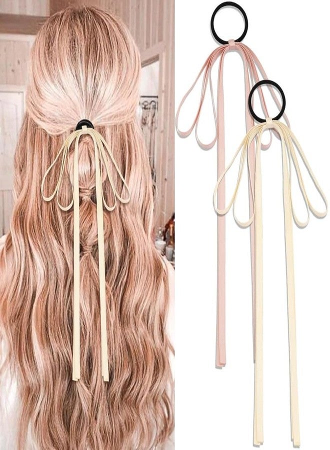 CHIROGRAPHY 2 Pcs Luxury Silky Satin Tassel Ribbon Bowknot Ponytail Holders - 2PCS Long Tail Hair Bands for Women, Girls, Teens (Beige+Pink) - Image 1