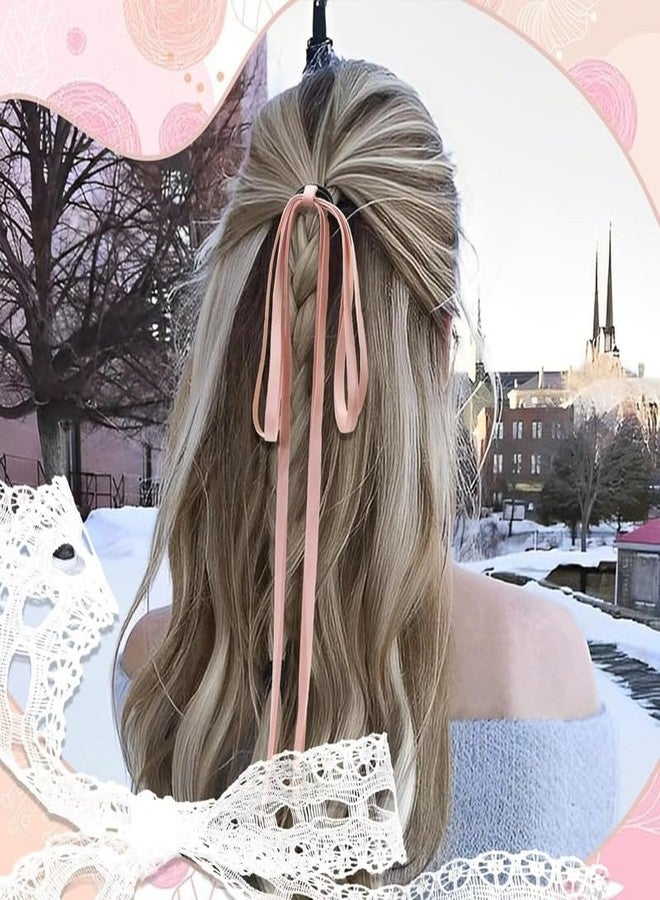 CHIROGRAPHY 2 Pcs Luxury Silky Satin Tassel Ribbon Bowknot Ponytail Holders - 2PCS Long Tail Hair Bands for Women, Girls, Teens (Beige+Pink) - Image 2