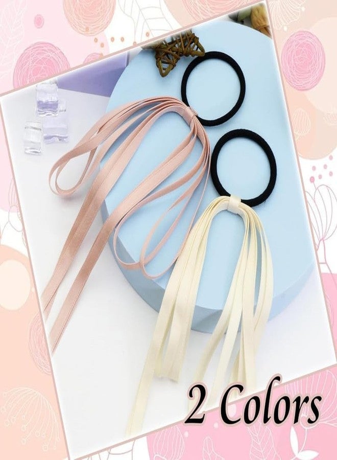 CHIROGRAPHY 2 Pcs Luxury Silky Satin Tassel Ribbon Bowknot Ponytail Holders - 2PCS Long Tail Hair Bands for Women, Girls, Teens (Beige+Pink) - Image 5