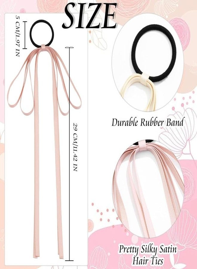 CHIROGRAPHY 2 Pcs Luxury Silky Satin Tassel Ribbon Bowknot Ponytail Holders - 2PCS Long Tail Hair Bands for Women, Girls, Teens (Beige+Pink) - Image 3