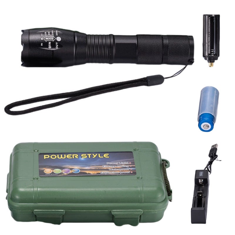 Aluminum alloy strong light T6 hand white light illuminator T6 white light flashlight + 18650 battery + universal charger + plastic box - Image 1