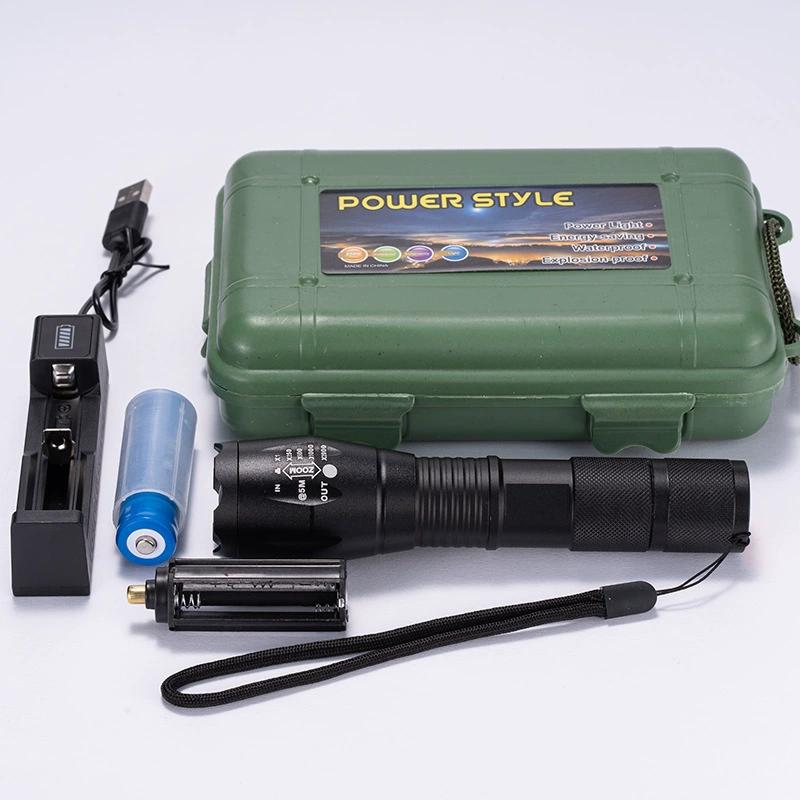 Aluminum alloy strong light T6 hand white light illuminator T6 white light flashlight + 18650 battery + universal charger + plastic box - Image 3