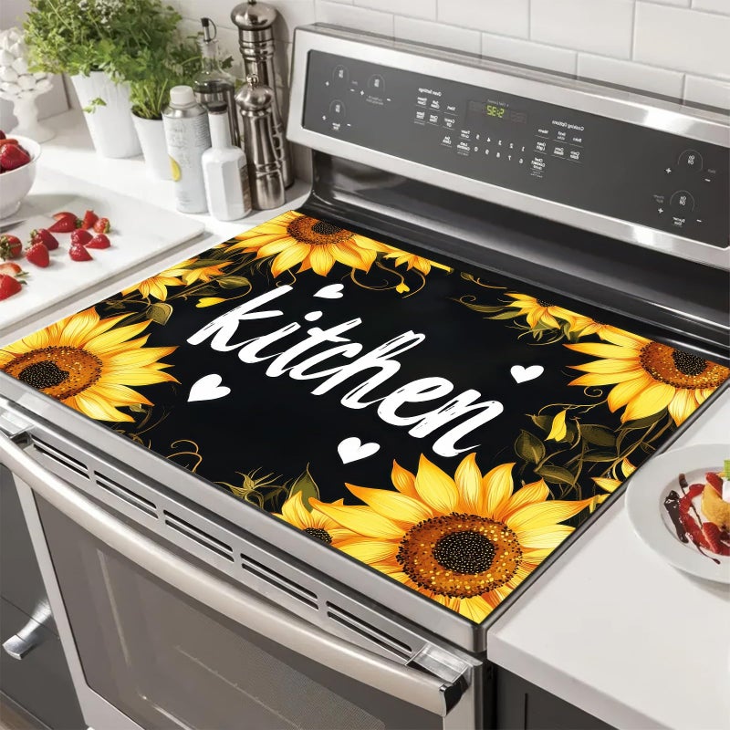 HOMETITUTE Stove Top Cover 28x20 Inch Diatomite Kitchen Decor Mat with Sunflower and Kitchen Letters Heat Resistant Stovetop Covers Coffee Mat Electric Stove Cover Countertop Protector - Image 1