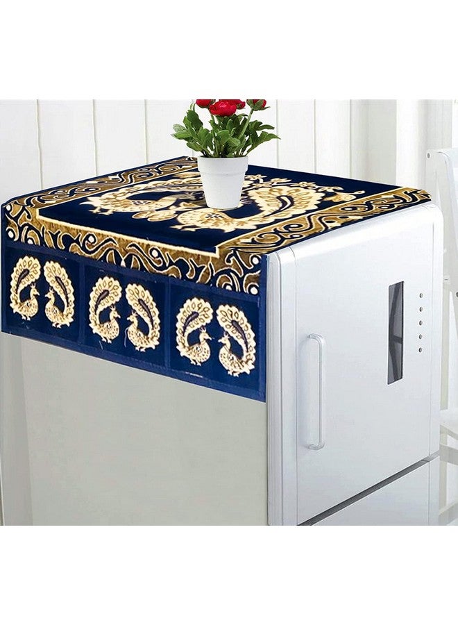 Kuber Industries Kuber Industries Peacock Print Fridge Cover With Side Pockets|Fridge Top Cover|Refrigerator Cover|Washable Cotton Material|6 Utility Pockets (Blue)  - Image 1