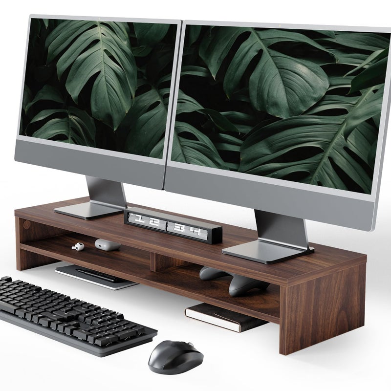 Fenge Monitor Stand, 31.5 Inch Computer Monitor Riser for Desk, 2 Tiers Wood Desk Shelf with Storage, Desktop Organizer for PC, Laptop, Screen, Printer - Image 1