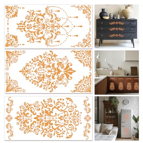 beinkmake 3 Sheets Orangish Yellow Floral Rub on Transfers for Crafts and Furniture 12×6inch Vintage Flower Decor Transfer Stickers for Wood Furniture Cabinet Scrapbooking - Image 1