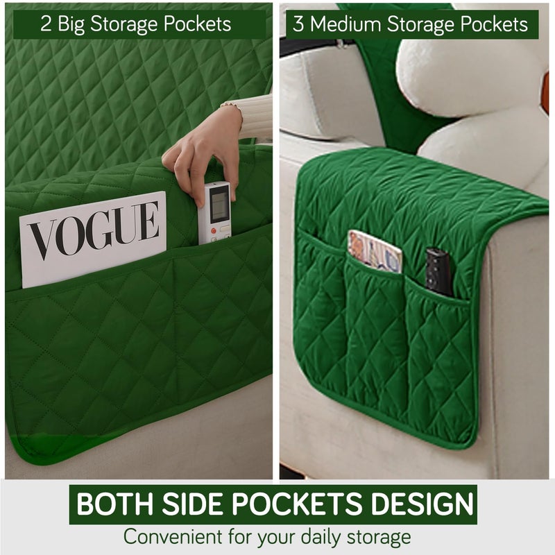 HOKIPO HOKIPO Polyester Quilted Sofa Mat With Bottom Waterproof Layer With Side Pockets 175D X 160L Cm Forest GreenAr5142W8  - Image 5