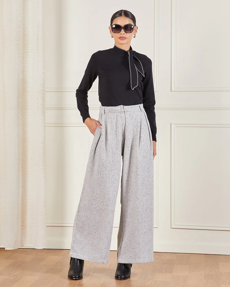 REDTAG Women Grey Jacquard Wide Leg Trousers