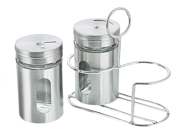 SHOPSIDEX Spice Jar Stainless Steel Glass with Holder Stand Set of 2Salt Pepper Shaker OreganoChilli Flakes Sugar Seasoning Sprinkler - Image 3