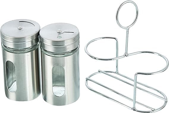 SHOPSIDEX Spice Jar Stainless Steel Glass with Holder Stand Set of 2Salt Pepper Shaker OreganoChilli Flakes Sugar Seasoning Sprinkler - Image 1