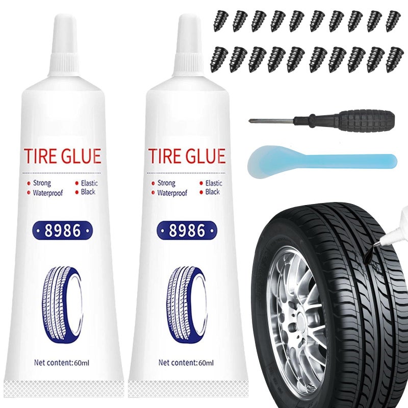 EIGTWEN 120ml Tire Repair Glue 20pcs Tire Repair Rubber Nails for Sidewall Bonding or Air Leakage of Tires for Car Motorcycle Tractor Truck All Terrain Vehicle Tire Nail Repair Kit Glue