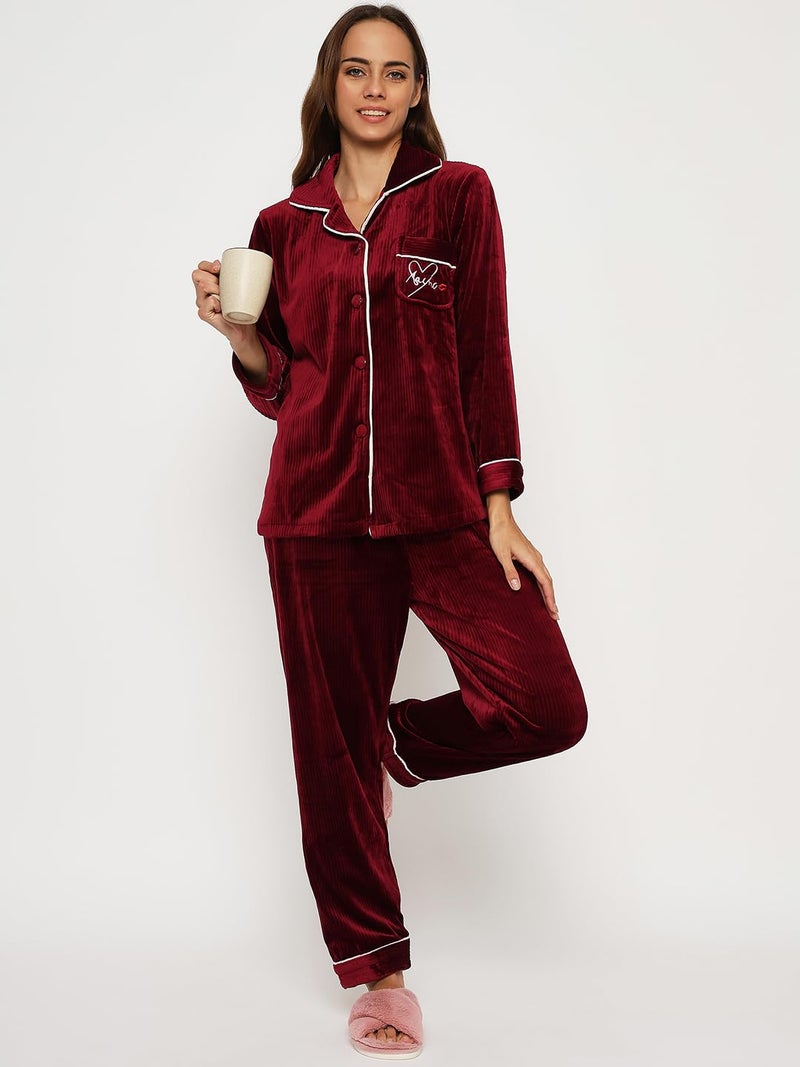CAMEY Women's Winter Velvet Full Sleeve Shirt and Pajama Pants Regular Fit Night Suit Shirt Collor Top and Pyjama Set Ladies Night Dress (Plus Size, Maroon, XXL) - Image 2