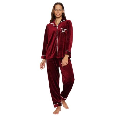 CAMEY Women's Winter Velvet Full Sleeve Shirt and Pajama Pants Regular Fit Night Suit Shirt Collor Top and Pyjama Set Ladies Night Dress (Plus Size, Maroon, XXL) - Image 1