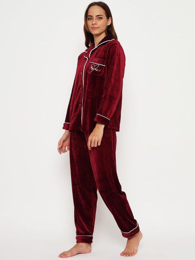 CAMEY Women's Winter Velvet Full Sleeve Shirt and Pajama Pants Regular Fit Night Suit Shirt Collor Top and Pyjama Set Ladies Night Dress (Plus Size, Maroon, XXL) - Image 3