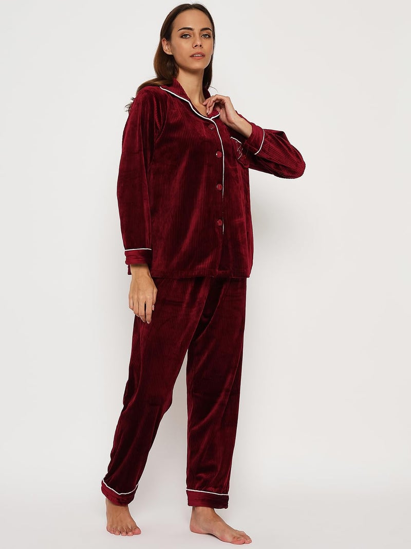 CAMEY Women's Winter Velvet Full Sleeve Shirt and Pajama Pants Regular Fit Night Suit Shirt Collor Top and Pyjama Set Ladies Night Dress (Plus Size, Maroon, XXL) - Image 4