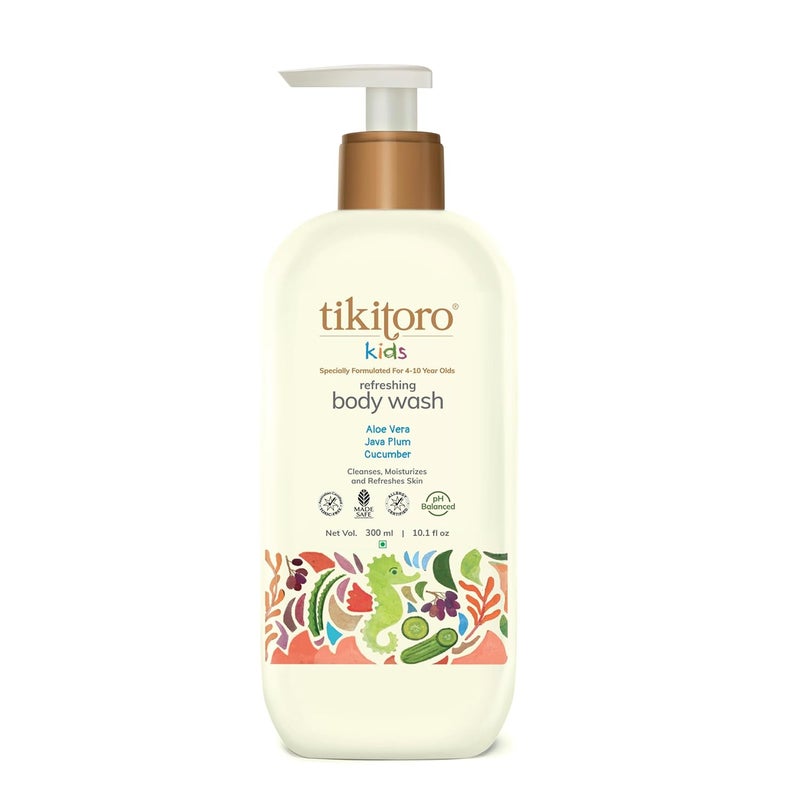 Tikitoro Kids Refreshing Body Wash  Pediatrician Approved  Deeply Cleanses Hydrates  Refreshes Skin  Cucumber Java Plum Vitamin C  Aloe Vera  No Parabens  Sulphates Age 4 years 300ml - Image 1