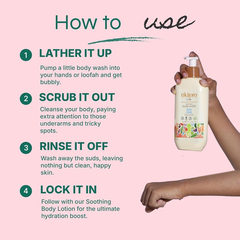 Tikitoro Kids Refreshing Body Wash  Pediatrician Approved  Deeply Cleanses Hydrates  Refreshes Skin  Cucumber Java Plum Vitamin C  Aloe Vera  No Parabens  Sulphates Age 4 years 300ml - Image 4