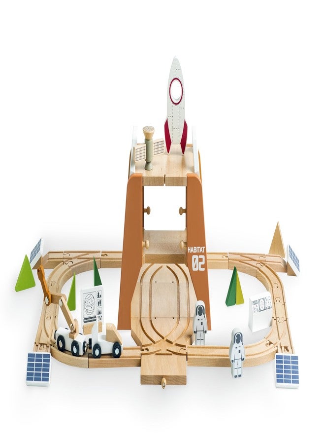 EverEarth Wooden Train Set Space Toys, Wood Train Track Set 39pcs, Mars Explore Base Train Space Station with Rocket and Astronaut for Kids 36m+, FSC Certified - Image 1