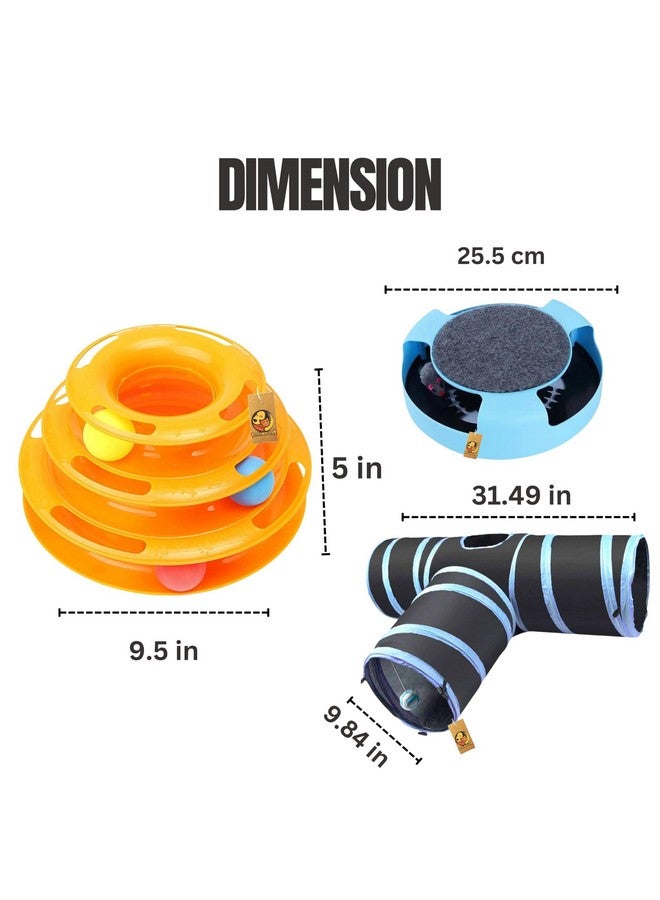 صندوق هدايا ألعاب تفاعلية 4 في 1 للقطط والقطط الصغيرة (مجموعة ألعاب القطط) | لعبة إغراء القطط مع جرس الفأر، لعبة الإمساك بالفأر، لعبة من 3 طبقات، لعبة نفق ثلاثية الاتجاهات - Image 2